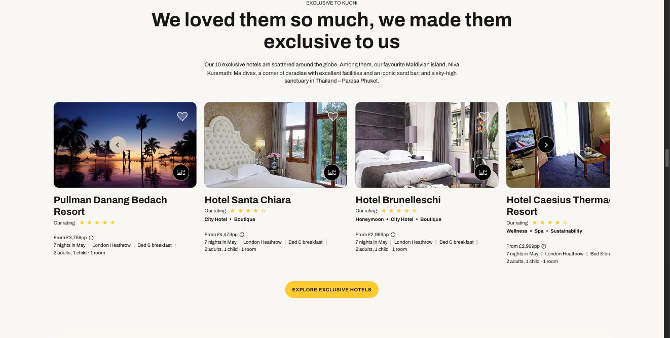 A row of hotel cards under 'We loved them so much, we made them exclusive to us', each with a photo, name, star rating and price.