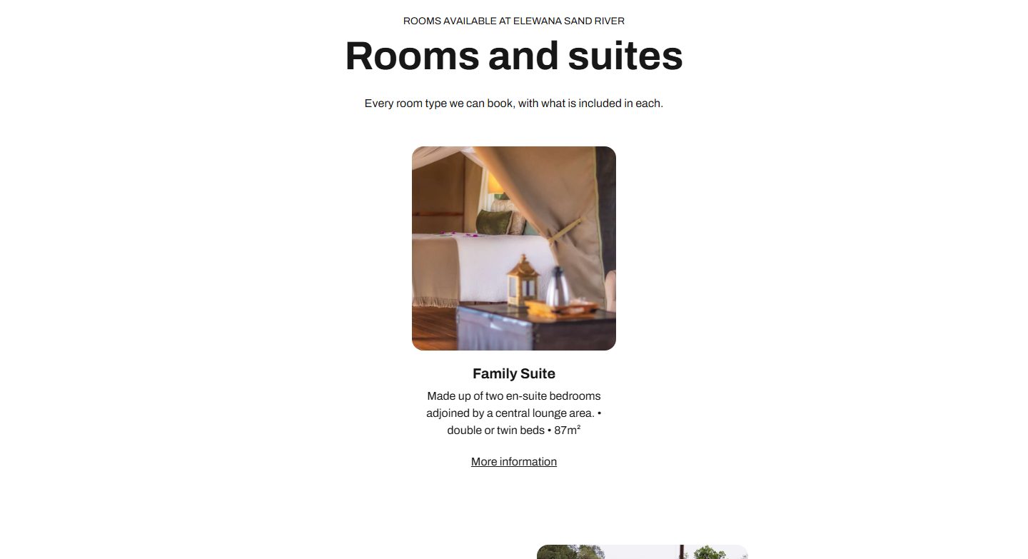 A carousel of room cards under the heading “Rooms and suites”, each with a photo, a name, an occupancy line and a description.